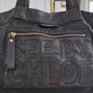 See By Chloe Black Quilted Tote Bag with Gold Accents